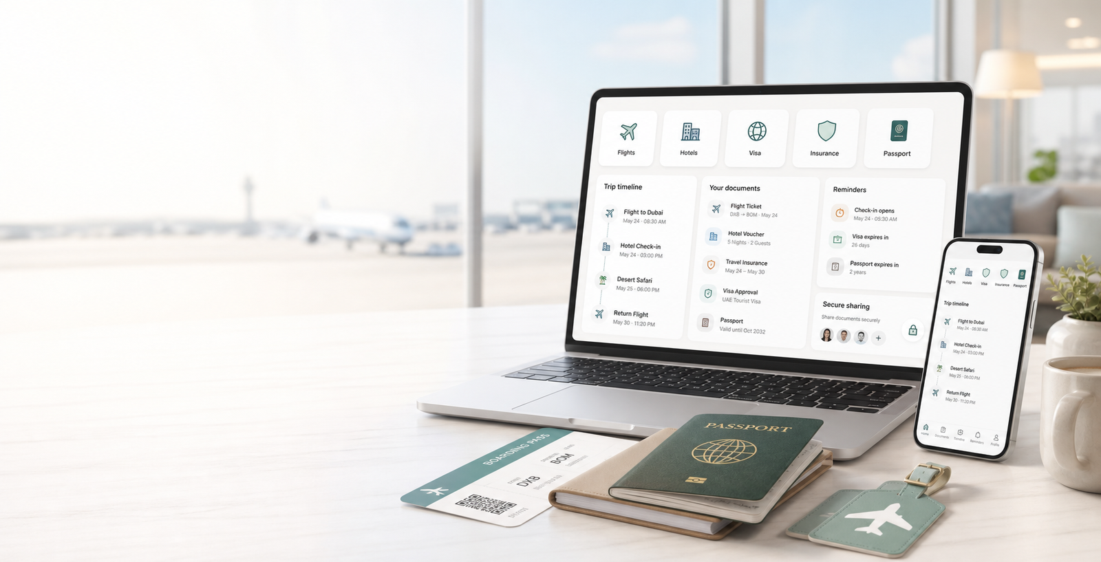 Travel documents organised in a digital trip dashboard